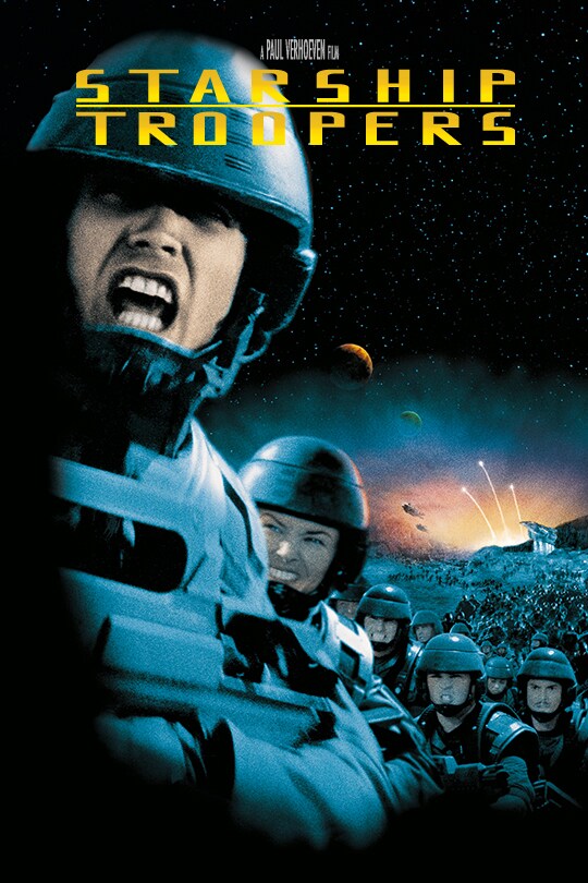 The 'Starship Troopers' poster art featuring soldiers on a foreign planet screaming towards the camera,, the image is dominated by darkness.