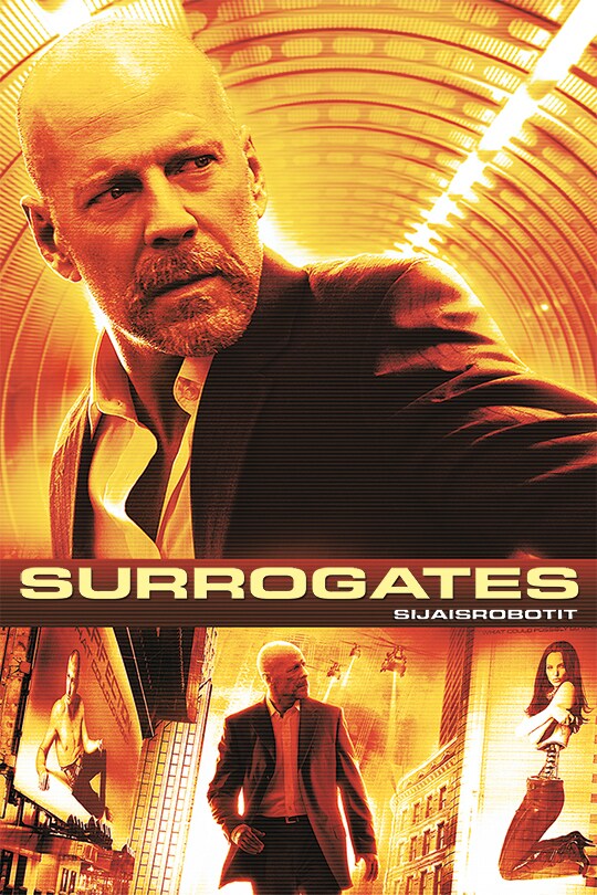 The 'Surrogates' movie poster featuring a large shot of Bruce Willis in a suit with his top buttons undone, the image is mostly in a white and orange hue.
