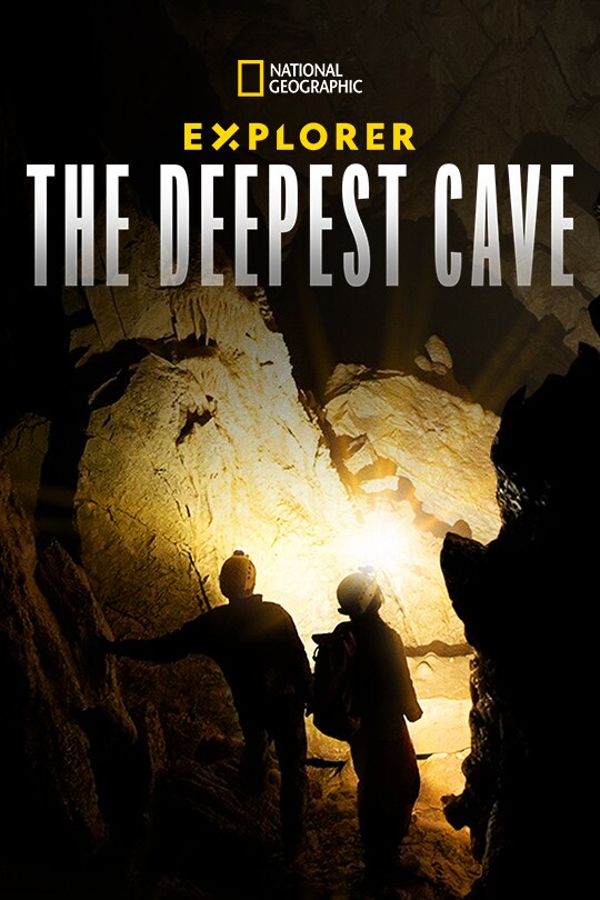 The poster art for Explorer: The Deepest Cave (2022), featuring two explorers with headlamps observing the walls of a dark cave.