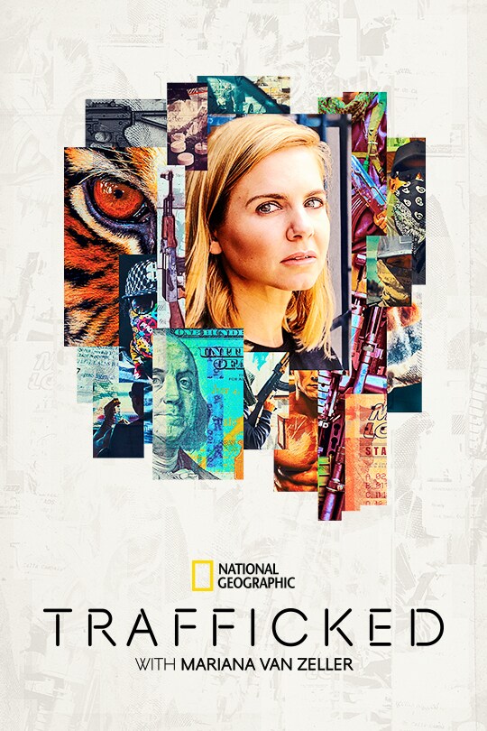 The poster art for Trafficked with Mariana Van Zeller, featuring the face of Mariana Van Zeller and colourful tiles featuring animals, money, drugs and other trafficked items.