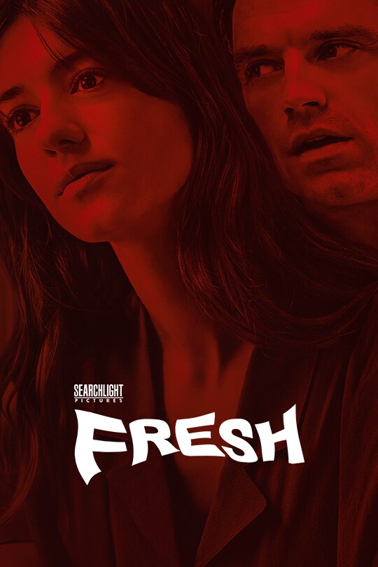 Daisy Edgar-Jones and Sebastian Stan stand next to each other, with a red filter over them and the movie title 'Fresh' in front.