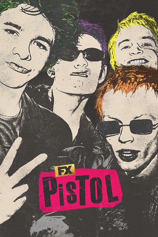 The four actors playing the four members of the Sex Pistols in 'FX Pistol', the image is overly edited with their hair remaining colourful while the rest of the image is in neutral tones.