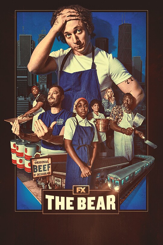 The poster art for the FX series The Bear, featuring all the key characters standing above elements from their city and restaurant.