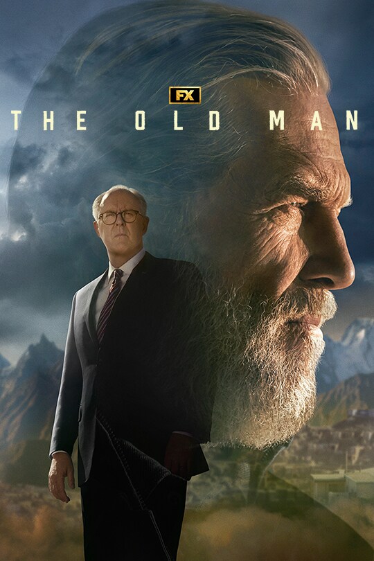 The poster for the FX series, 'The Old Man' featuring Jeff Bridges's face in the background faded into the clouds and John Lithgow in a dark suit in the left of the image.