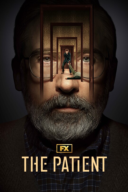 The Patient (2022) poster art featuring an image of Steve Carell's face close up, an image of Domhnall Gleeson dragging a body through a doorway is blended into his face.