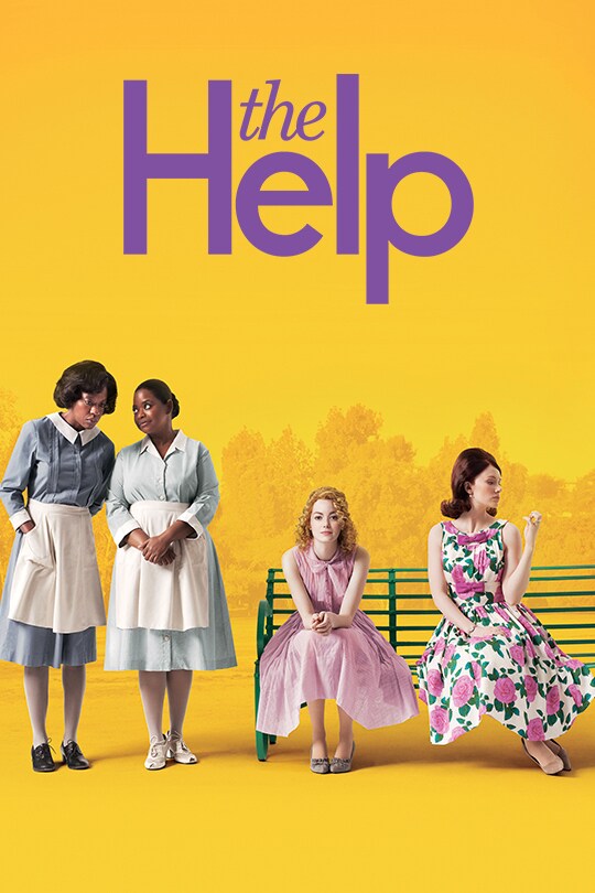 Four stars of The Help including lead Jessica Chastain feature in front of a bright yellow background, two white women on a bench, while two black women dresses as housekeepers stand next to them.