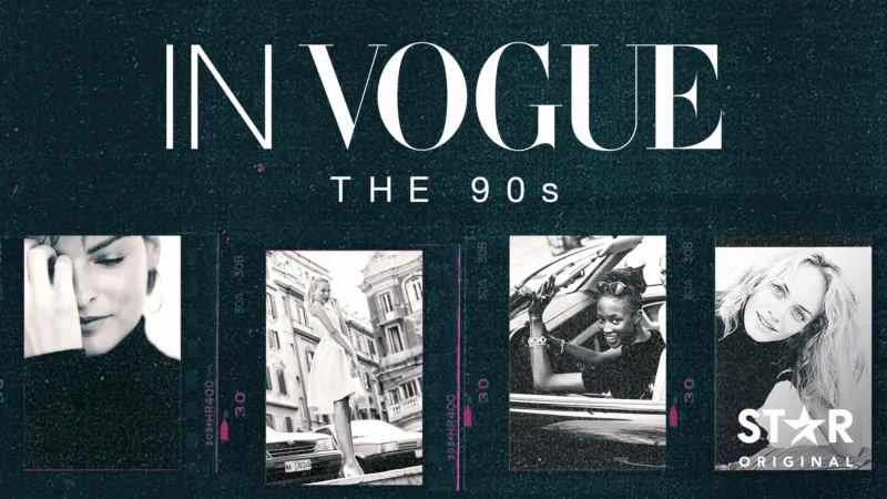 Cover of "In Vogue: The 90s," featuring iconic fashion and cultural elements from the decade, showcasing vibrant styles.