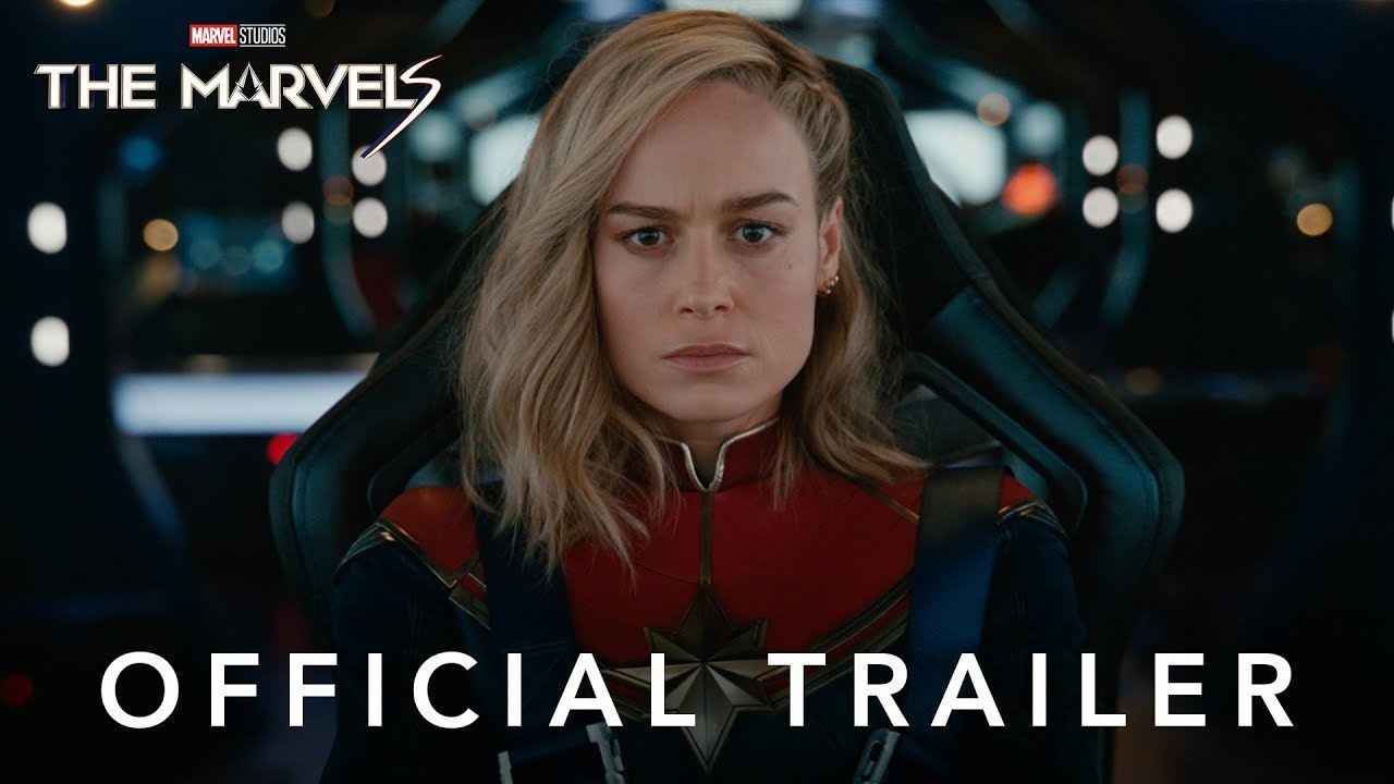 Marvel Studios' The Marvels offical trailer thumbnail showing Brie Larson as Captain Marvel