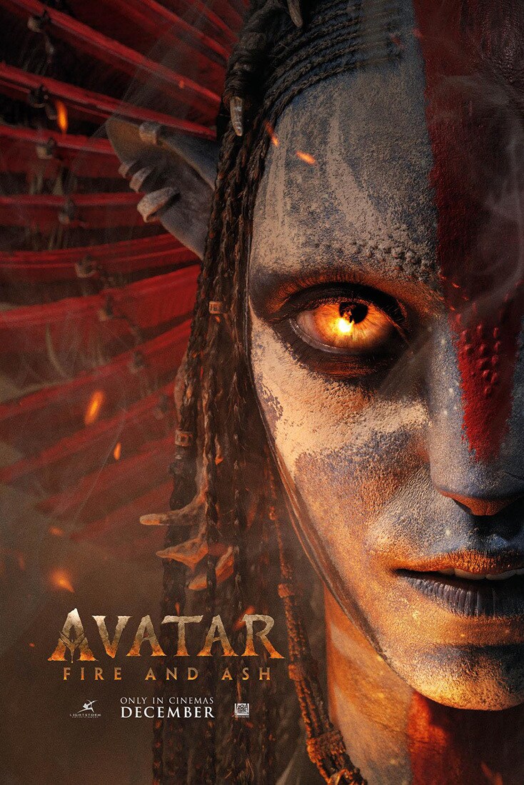 Image of several profiles of characters including Varang, Neytiri, Jake Sully, Colonel Miles Quaritch, Spider, and Kiri.  There is a winged creature below their images. | Avatar: Fire and Ash | movie poster