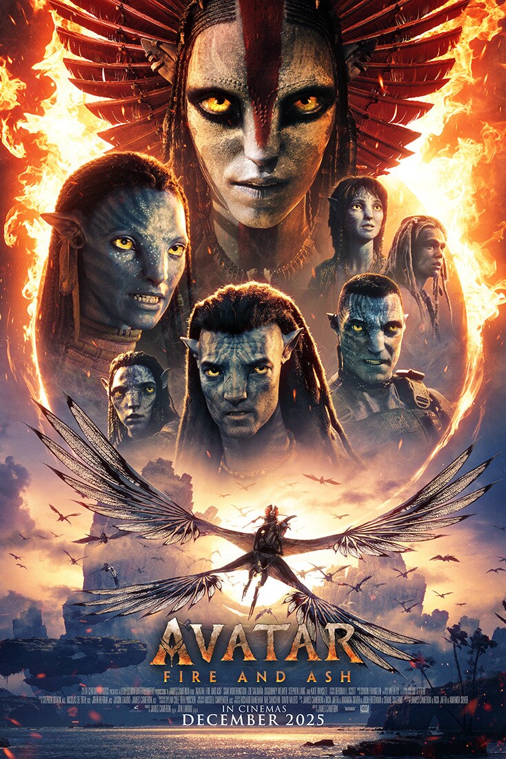 Image of several profiles of characters including Varang, Neytiri, Jake Sully, Colonel Miles Quaritch, Spider, and Kiri.  There is a winged creature below their images. | Avatar: Fire and Ash | movie poster