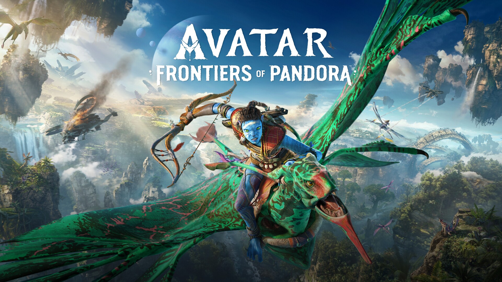 A Na'vi with a bow in one hand while flying on a banshee from the game "Avatar: Frontiers of Pandora."