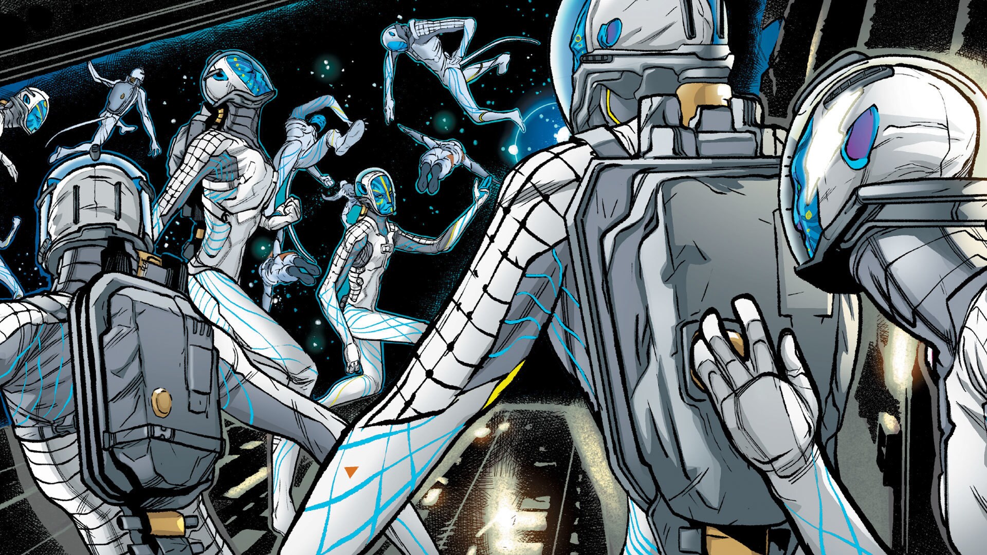 Comic book image of Na'vi in space suits.