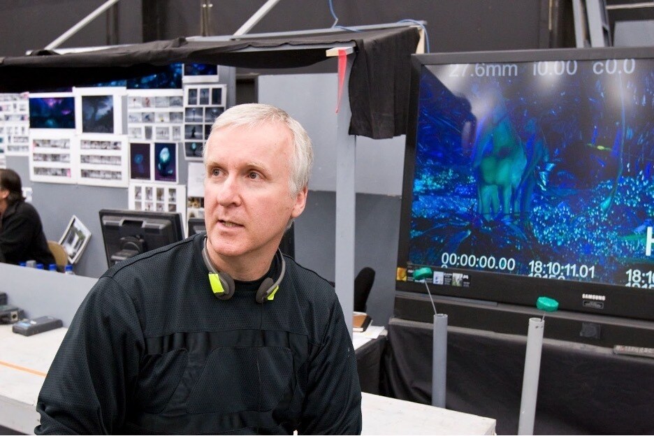 James Cameron, Director and Producer of Avatar, works behind the scenes. 