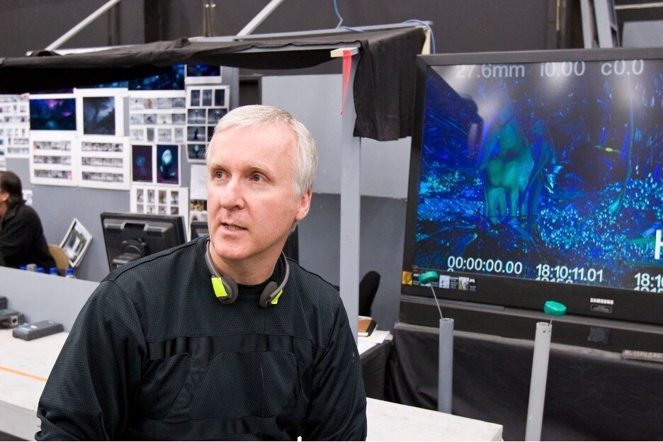 James Cameron, Director and Producer of Avatar, works behind the scenes.