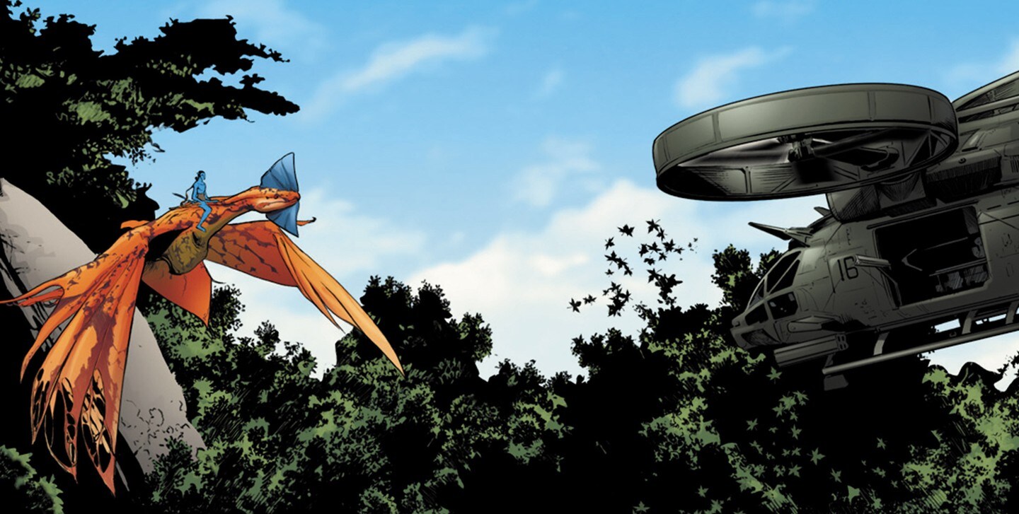 Comic book image of Na'vi flying on Mountain Banshee while facing an RFA military-grade helicopter