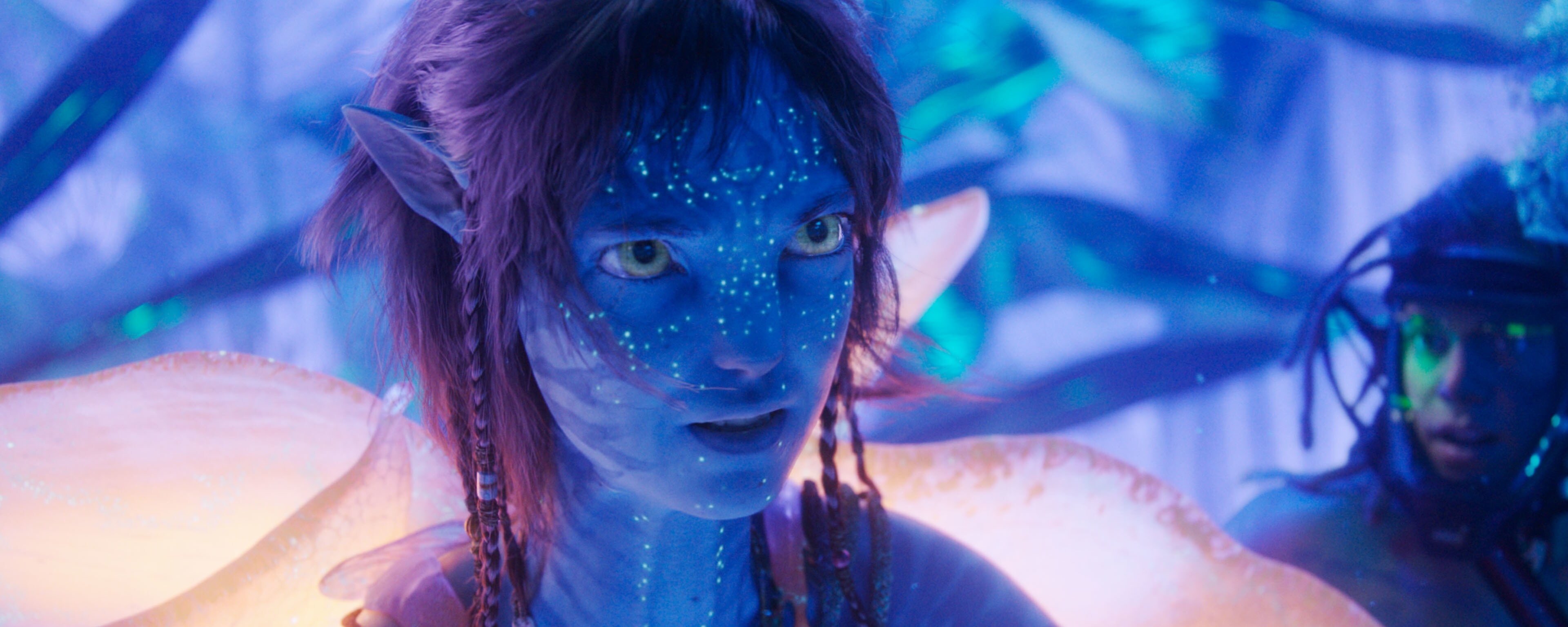 Image of Kiri (actor Sigourney Weaver) from the 20th Century Studios movie, "Avatar: Fire and Ash."