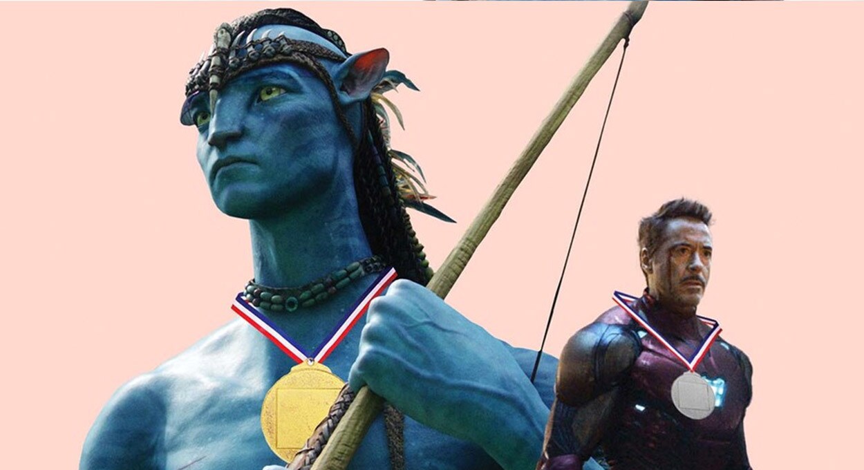 Image of Jake wearing a gold medal and Iron Man (Robert Downey Jr.) wearing a silver medal