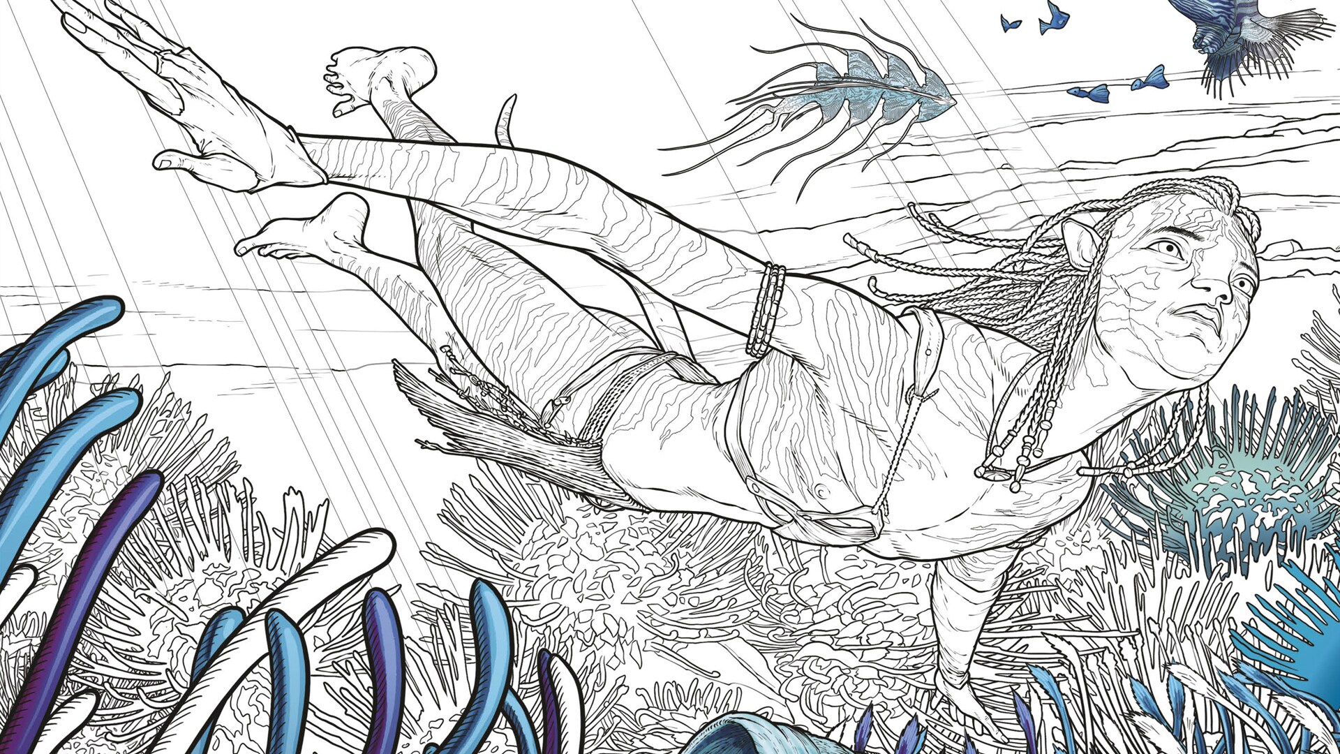 Coloring book image of a Na'vi swimming underwater from Avatar The Coloring Book.