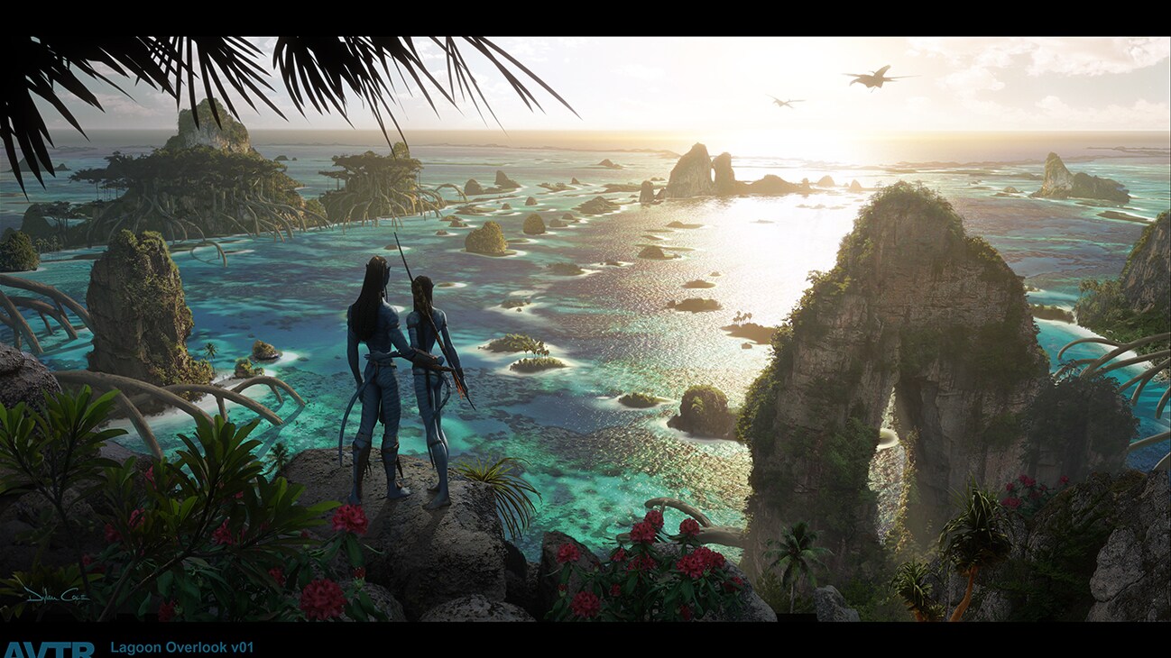 Pandoran Atolls concept art — Jake and Neytiri pause for a moment of reflection, looking out over the beautiful oceans of Pandora.