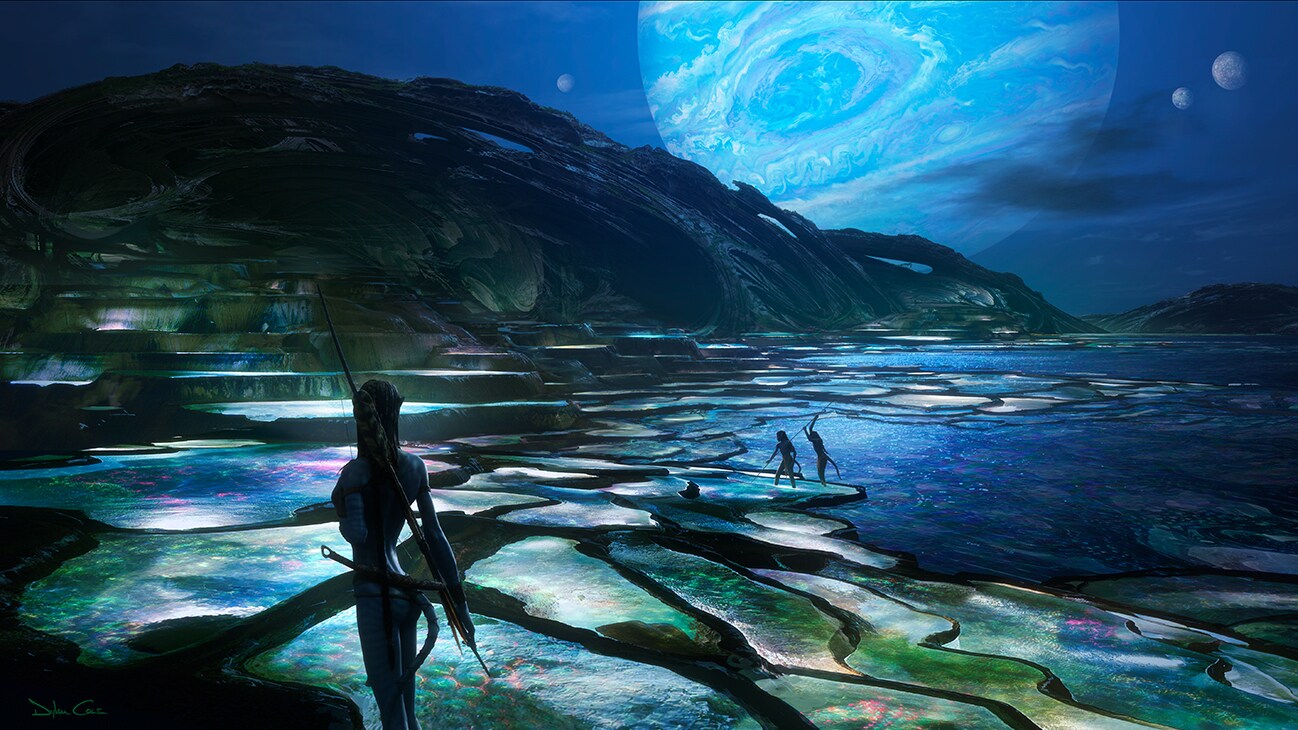 Seawall Terraces concept art – Neytiri overlooking the bioluminescent waters of Pandora at night. 