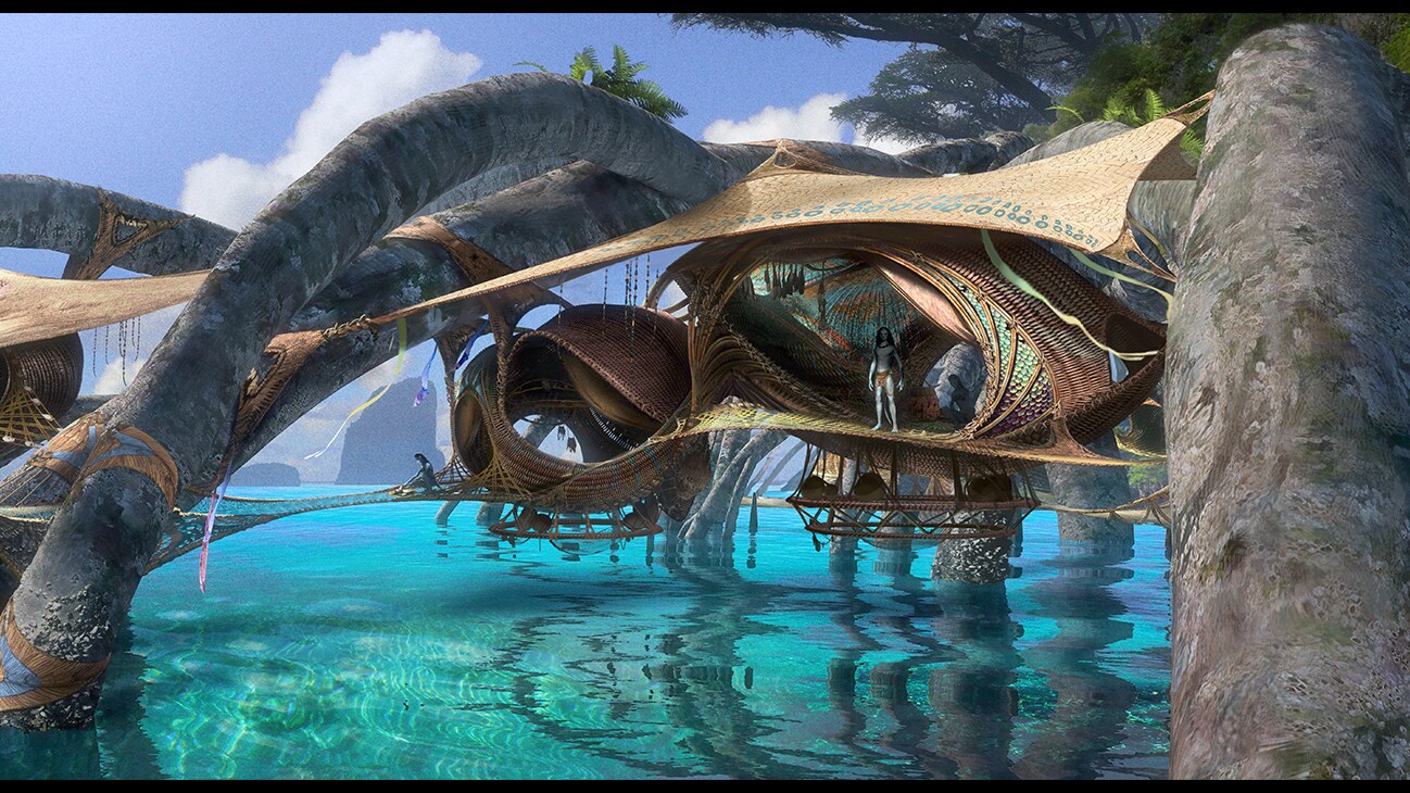 Metkayina Village concept art – We meet the Metakayina Clan, the reef people, in the Avatar sequels. This image showcases their oceanic homes, called marui.