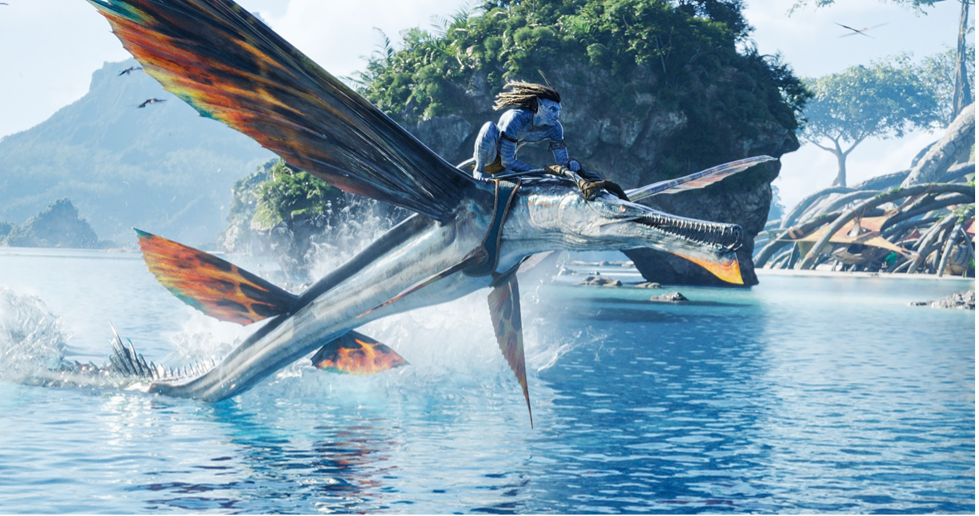 Jake Sully rides a flying creature in Avatar: The Way of Water
