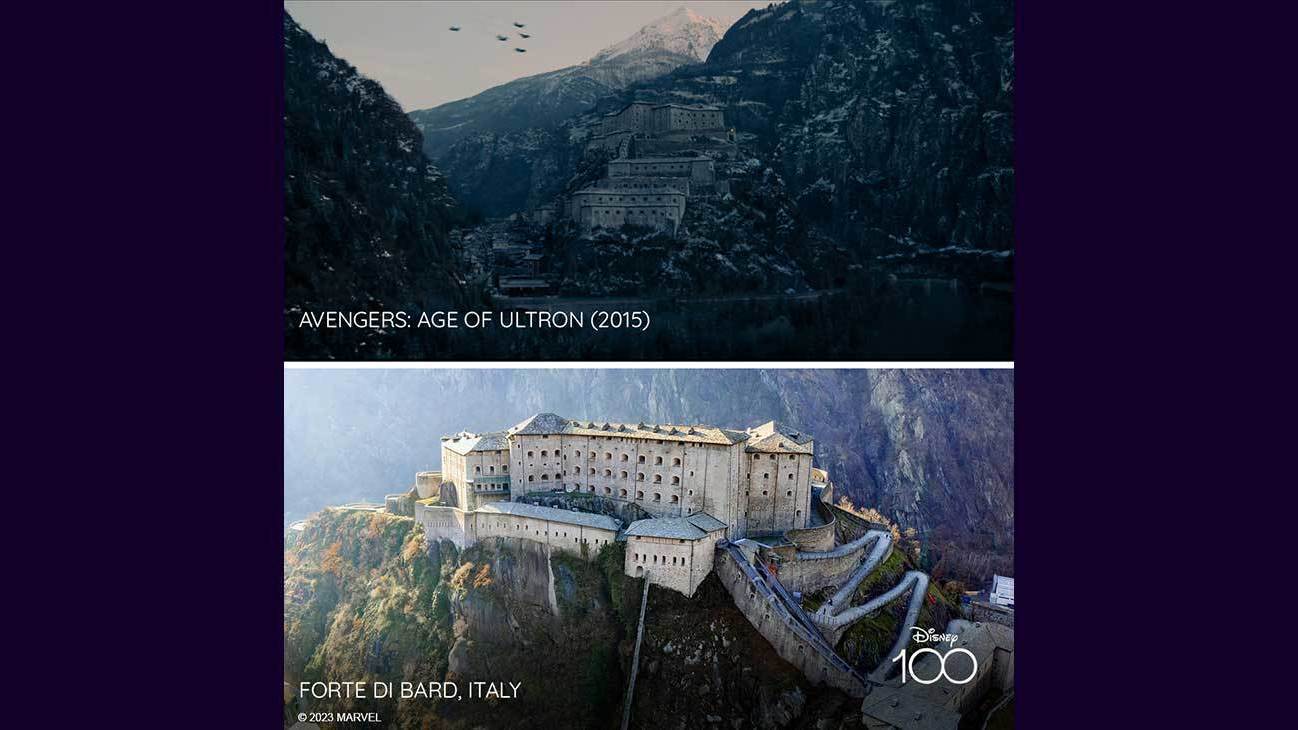 Scene from Avengers: Age of Ultron (2015) and image of Forte Di Bard, Italy