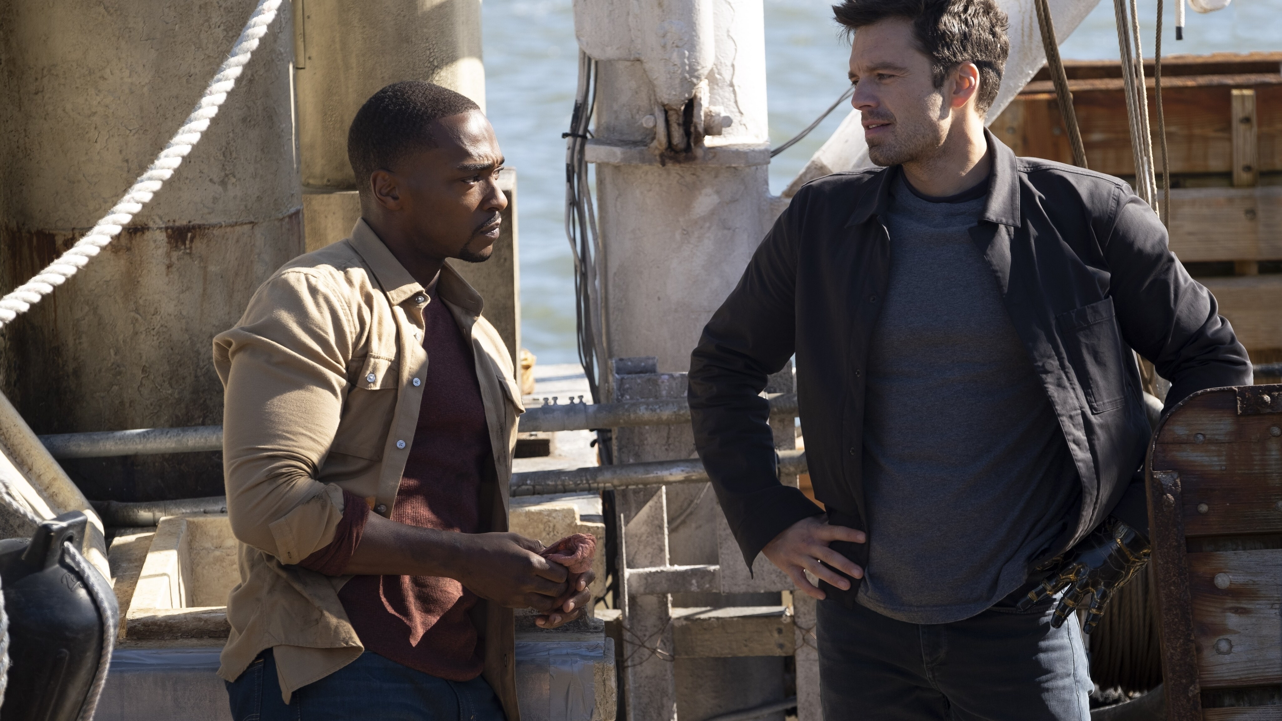 (L-R): Falcon/Sam Wilson (Anthony Mackie) and Winter Soldier/Bucky Barnes (Sebastian Stan) in Marvel Studios' THE FALCON AND THE WINTER SOLDIER exclusively on Disney+. Photo by Chuck Zlotnick. ©Marvel Studios 2021. All Rights Reserved.