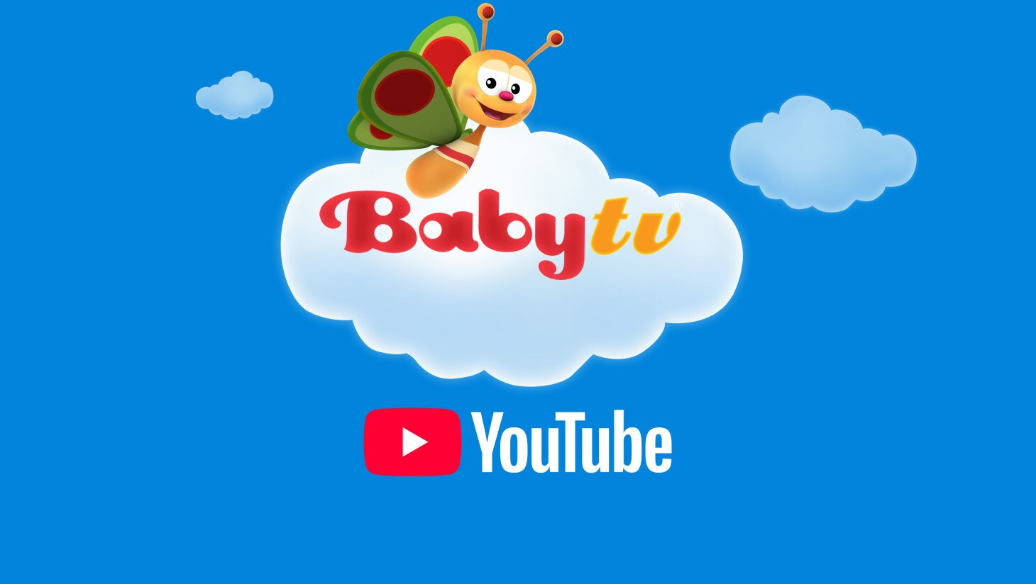 Logo BabyTV con una farfalla dei cartoni animati sopra una nuvola e il logo YouTube su uno sfondo di cielo blu.