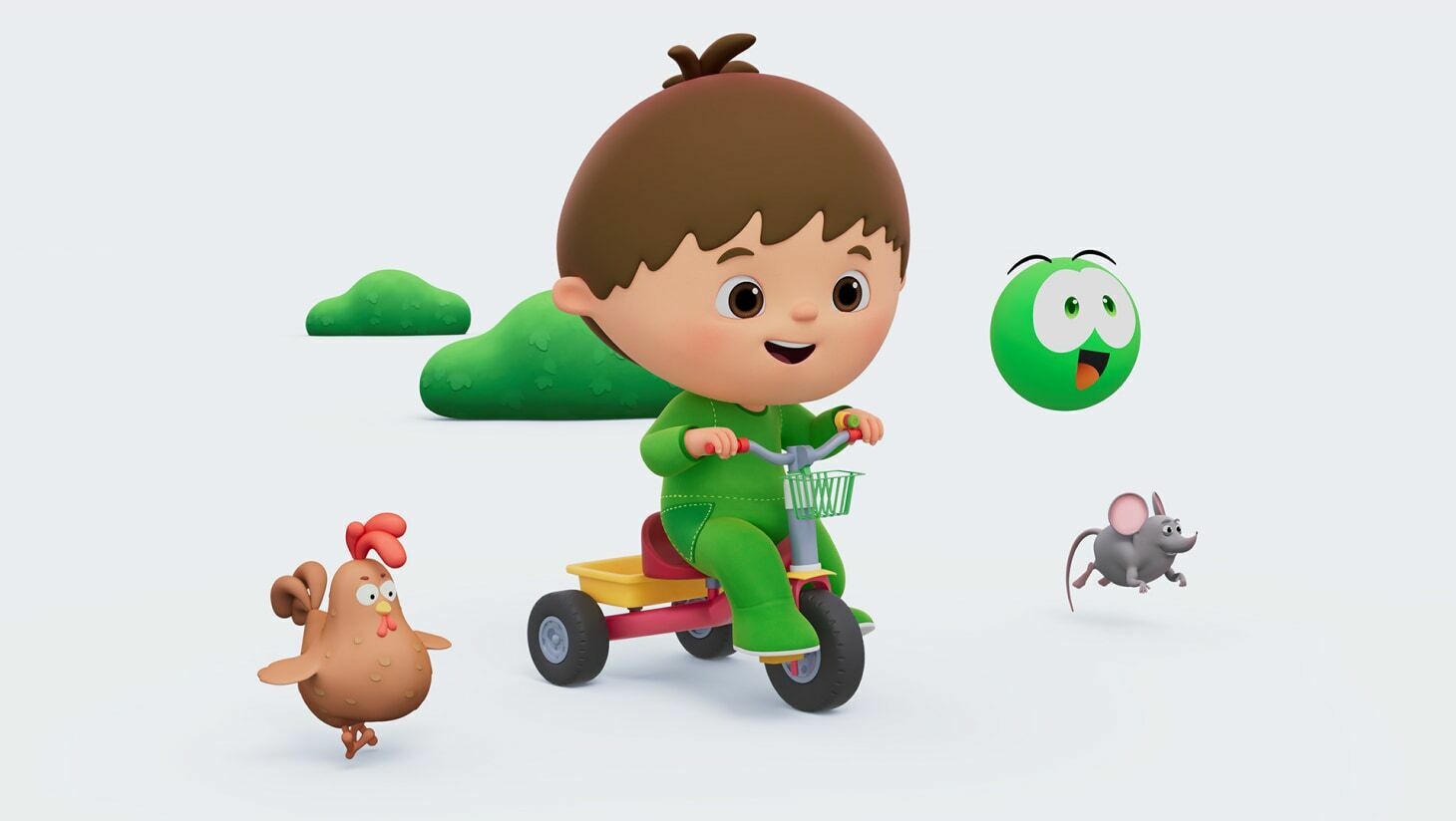 Bir tavuk, bir fare ve havada süzülen yeşil bir karakterin yanında üç tekerlekli bisiklete binen bir BabyTV karakteri.