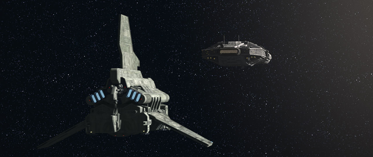 Hunter maneuvers the team’s shuttle and literally locks onto the hull of a medical ship headed to the Imperial research facility, just seconds before it makes the jump to lightspeed.