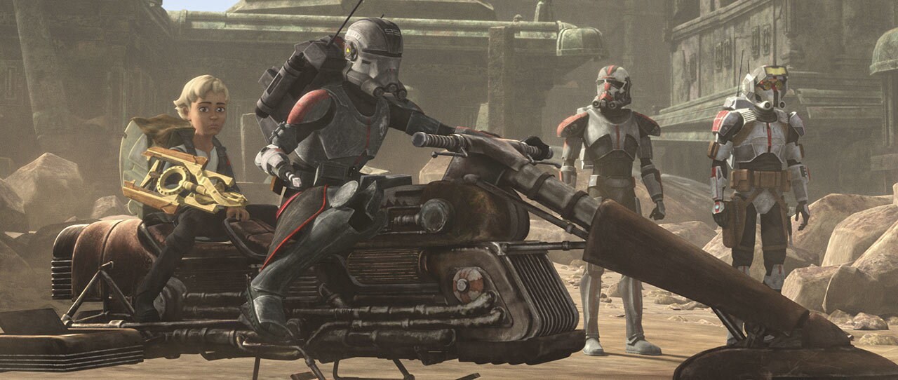 Omega rides on the back of Echo's speeder bike while other clone troopers stand close by in The Bad Batch.