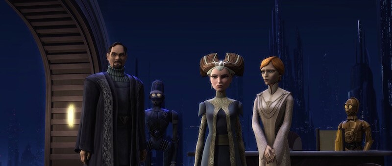 Bail Organa, Padmé Amidala, Mon Mothma, and C-3PO