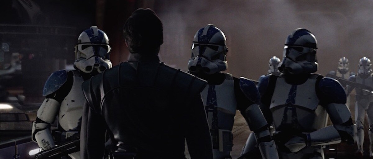 Clone troopers instructing Bail Organa to leave the Jedi Temple