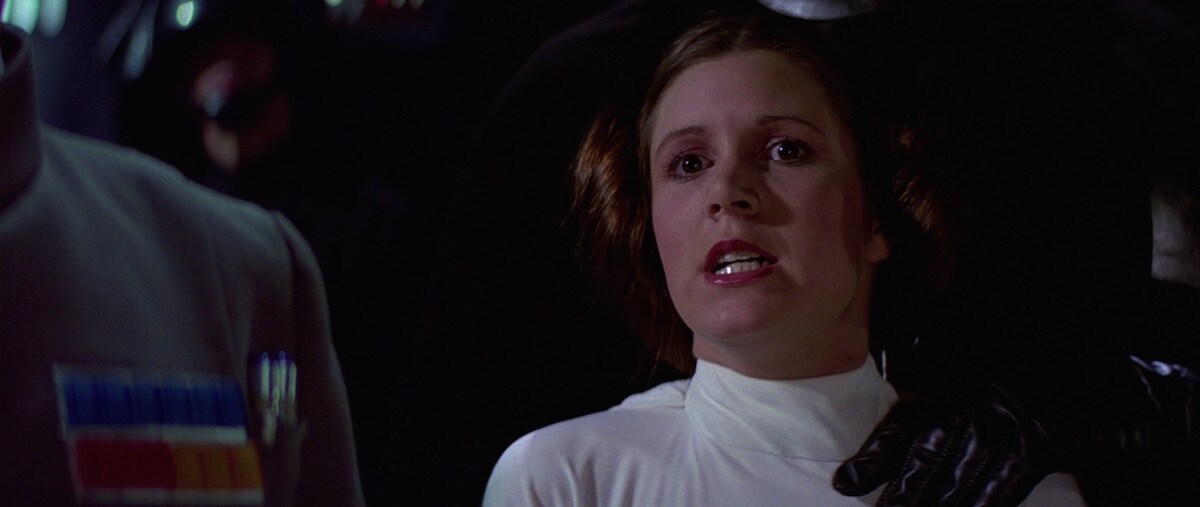 Princess Leia watching as the Death Star destroys Alderaan