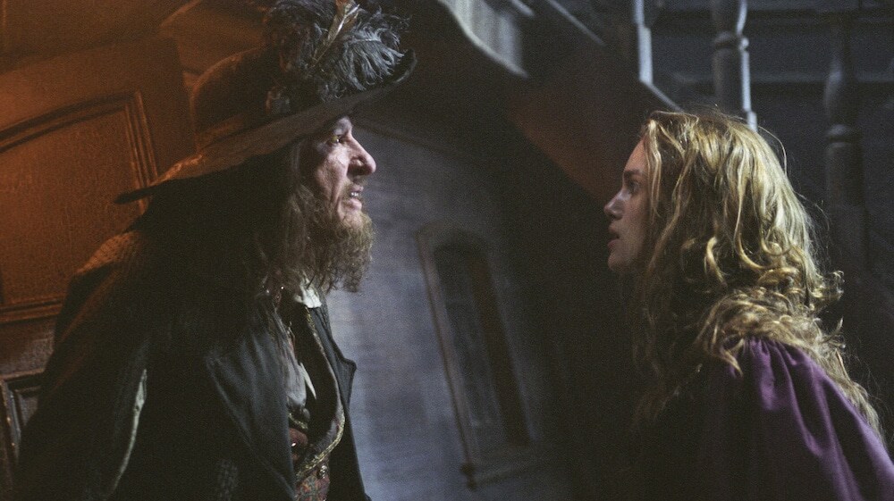 Actors Geoffrey Rush (Captain Barbosa) and Keira Knightley (Elizabeth Swann) from "Pirates of the Caribbean"