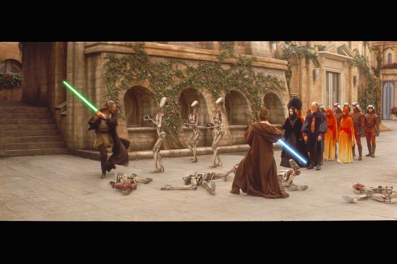 The Jedi Obi-Wan Kenobi and Qui-Gon Jinn freed Padmé, making quick work of the battle droids guar...