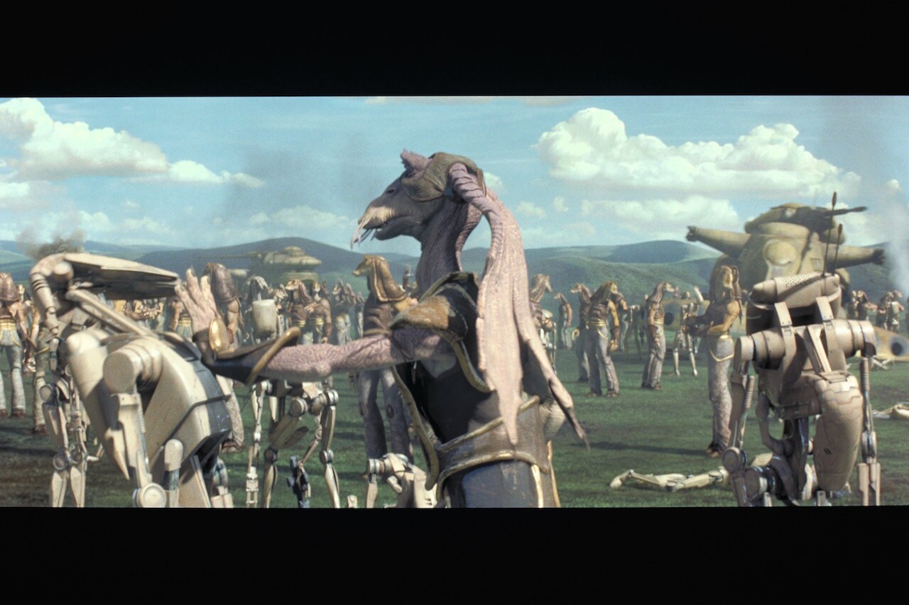 When the Droid Control Ship exploded, the battle droids on Naboo shut down, becoming metal statue...