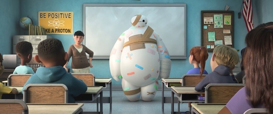 Baymax talks to students while bandaged up in Walt Disney Animation Studios' Baymax!