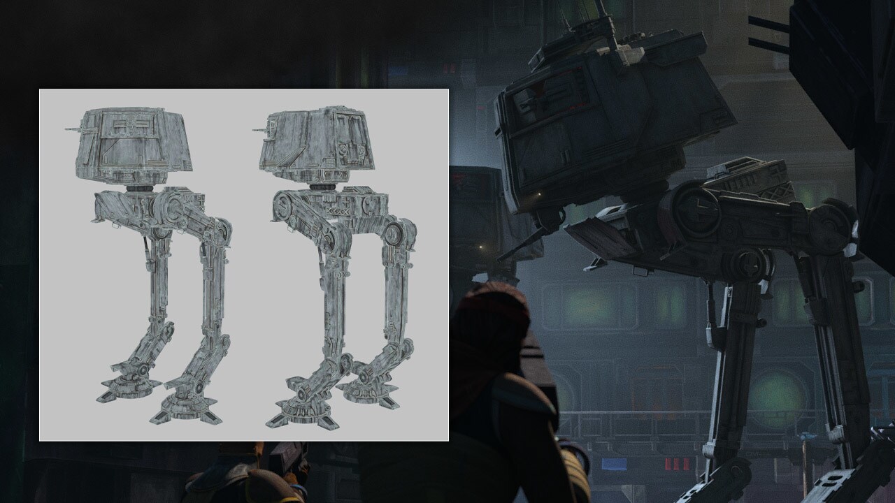 This episode marks the first appearance of a new two-legged walker vehicle, the AT-AC, marking the next evolution toward AT-ST.