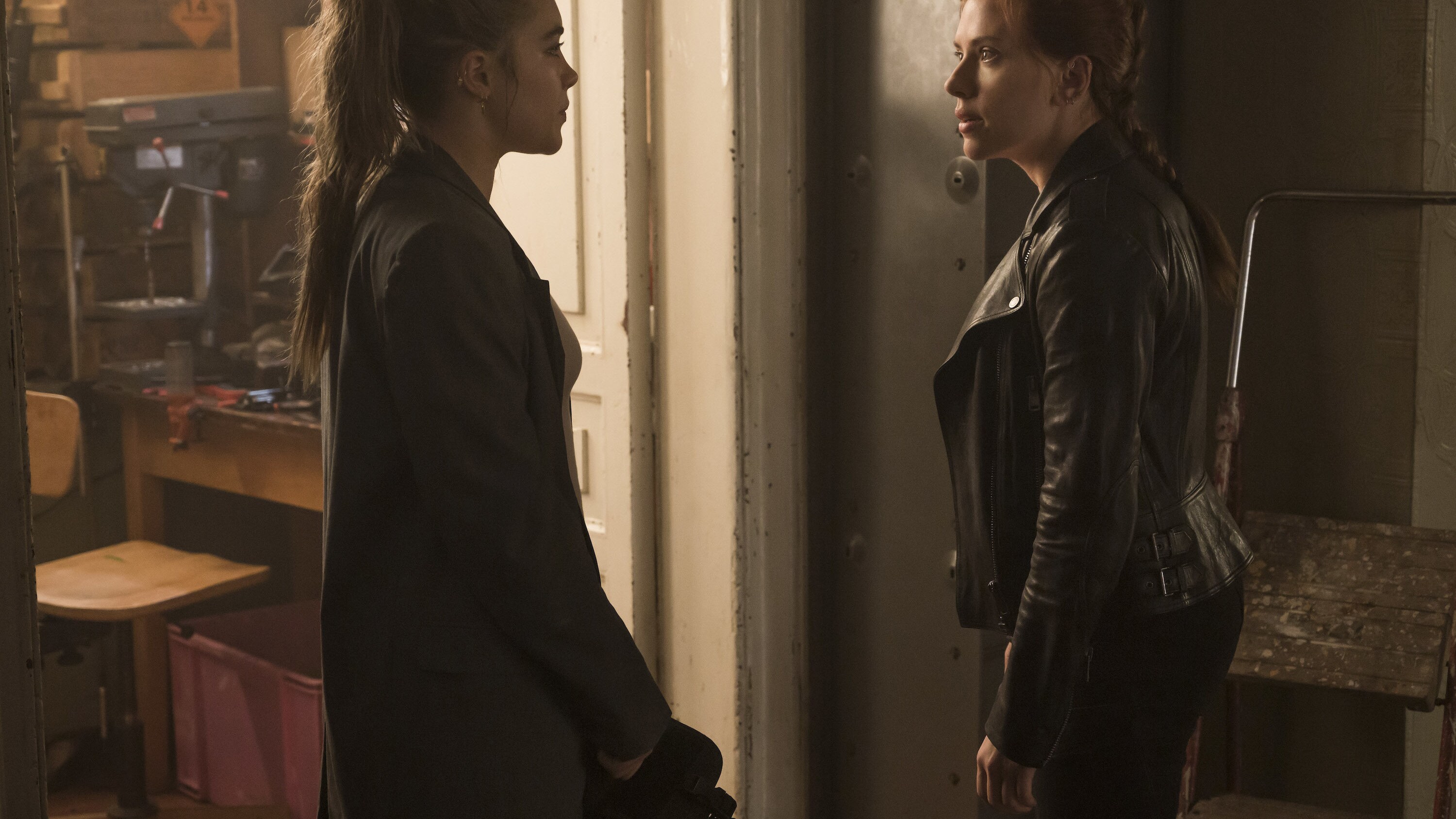 Yelena (Florence Pugh) and Black Widow/Natasha Romanoff (Scarlett Johansson) in Marvel Studios' BLACK WIDOW, in theaters and on Disney+ with Premier Access. Photo by Jay Maidment. ©Marvel Studios 2021. All Rights Reserved.