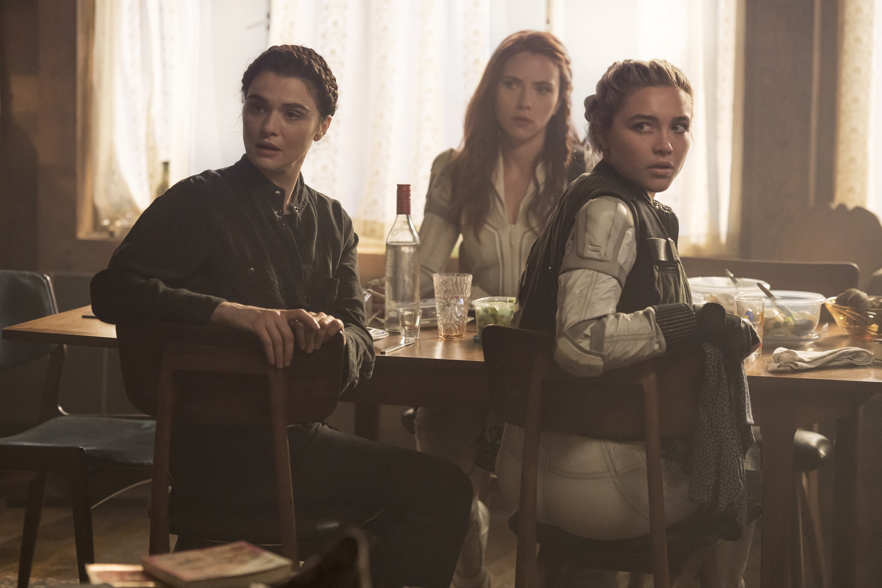(L-R): Melina (Rachel Weisz), Black Widow/Natasha Romanoff (Scarlett Johansson) and Yelena (Florence Pugh) in Marvel Studios' BLACK WIDOW, in theaters and on Disney+ with Premier Access. Photo by Jay Maidment. ©Marvel Studios 2021. All Rights Reserved.