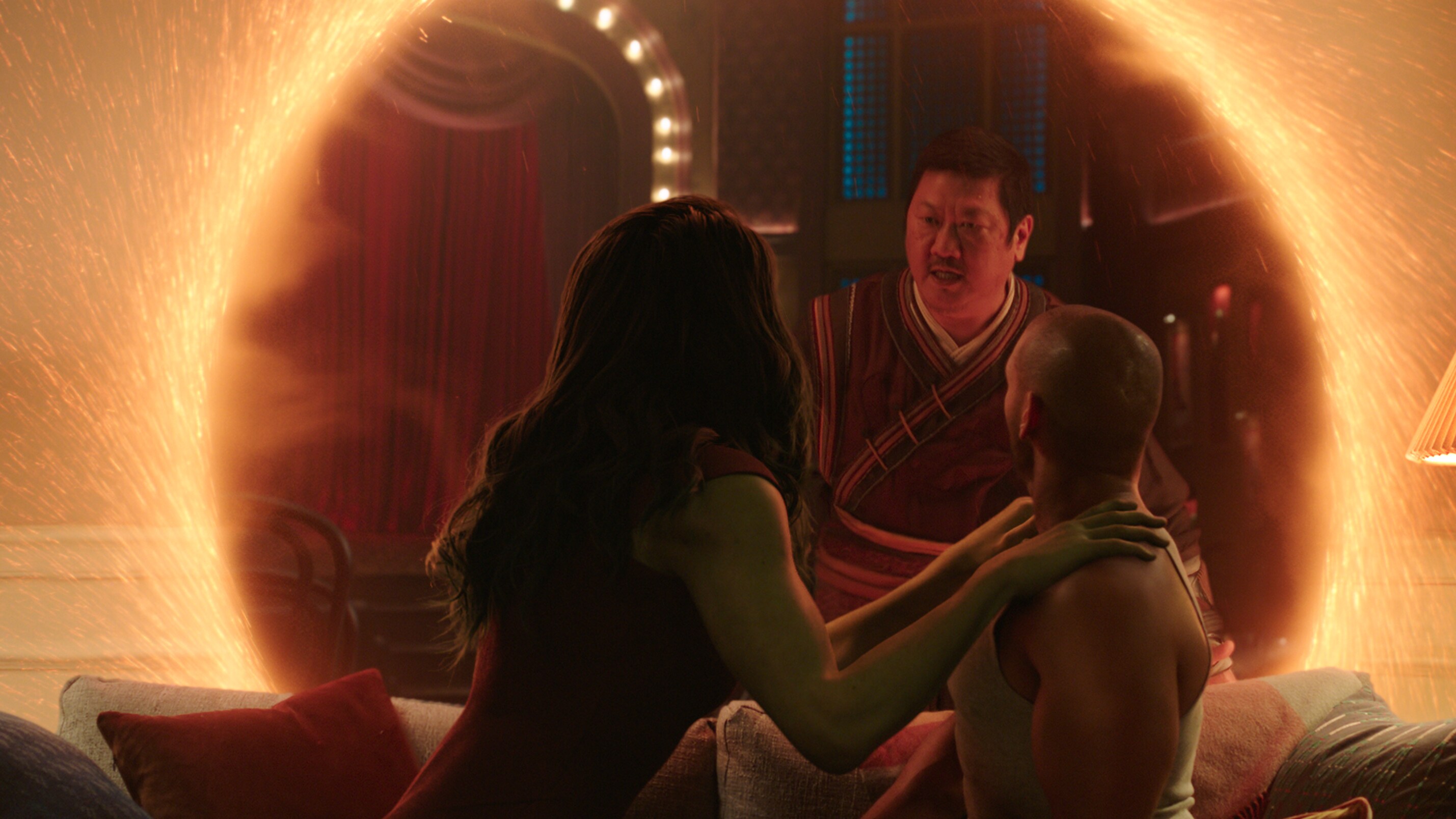(L-R): Tatiana Maslany as Jennifer "Jen" Walters/She-Hulk Benedict Wong as Wong, and Michael Curiel as Arthur in Marvel Studios' She-Hulk: Attorney at Law, exclusively on Disney+. Photo courtesy of Marvel Studios. © 2022 MARVEL.