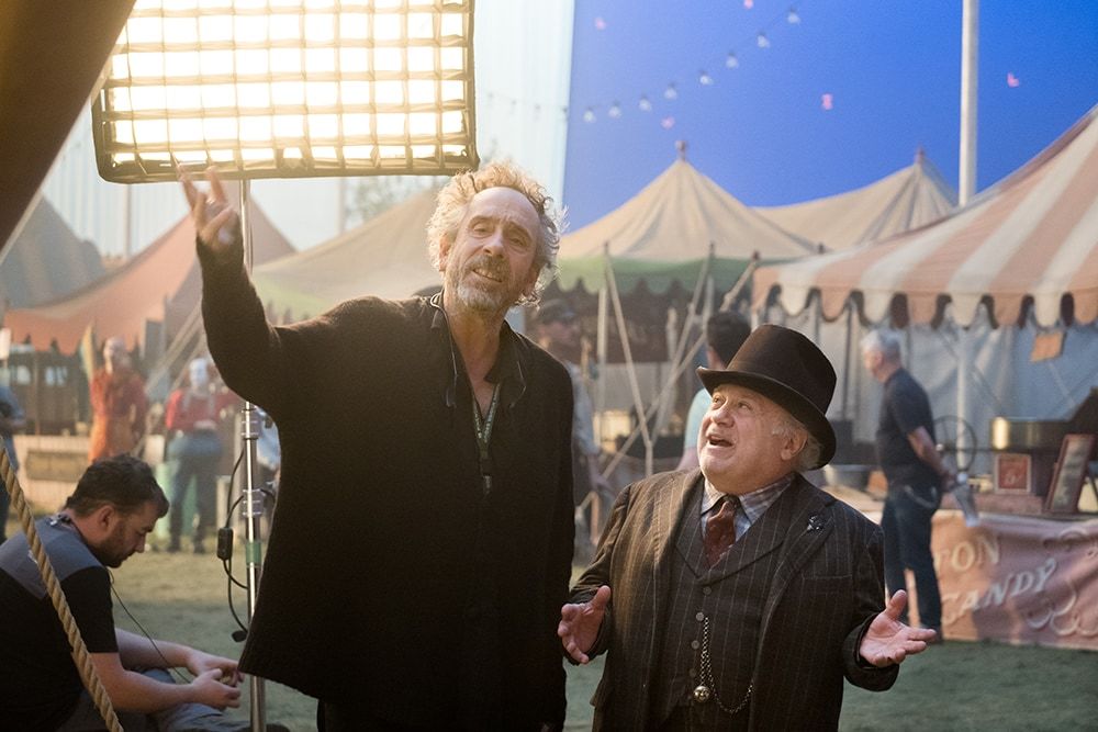 tim burton and danny devito on the set of dumbo