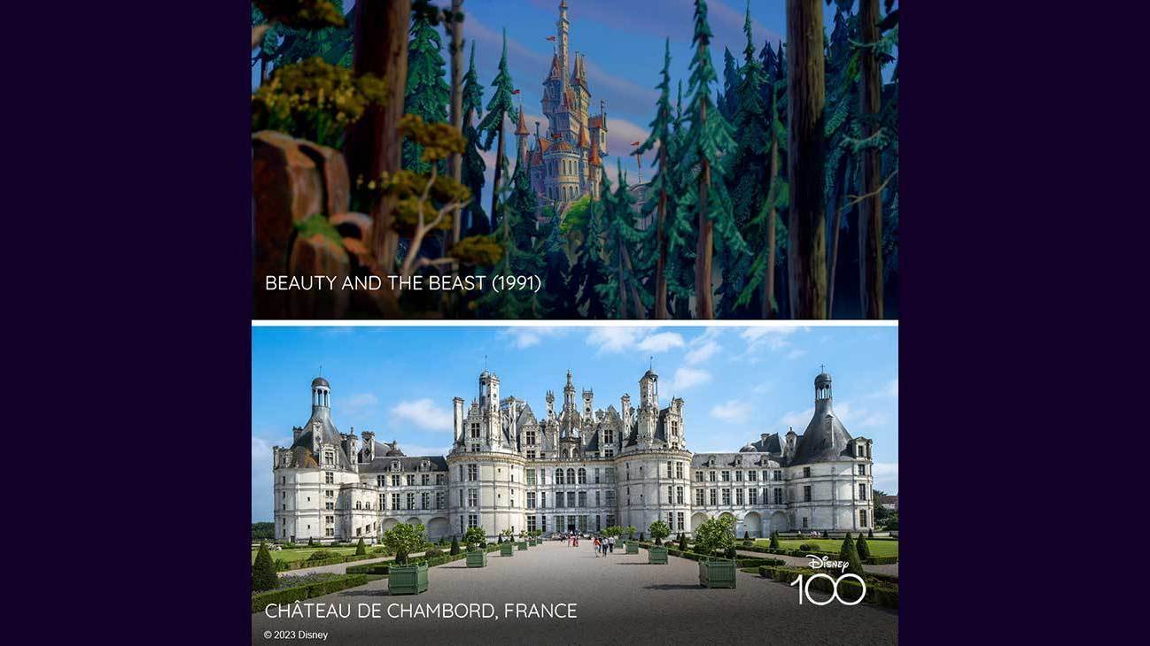 Scene from Beauty and the Beast (1991) and image of Château de Chambord, France