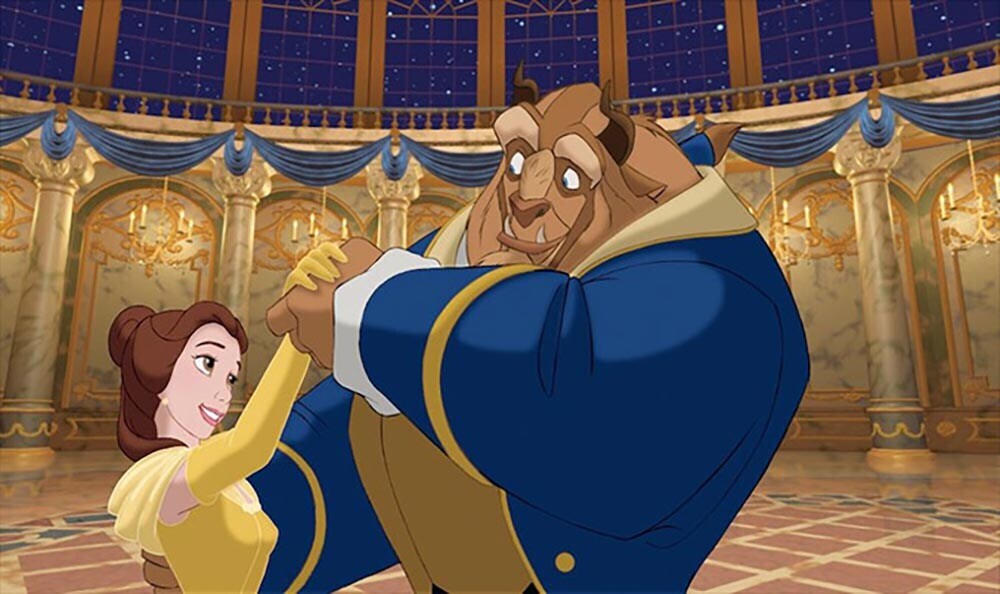 Animated characters Belle and Beast dancing in a ballroom