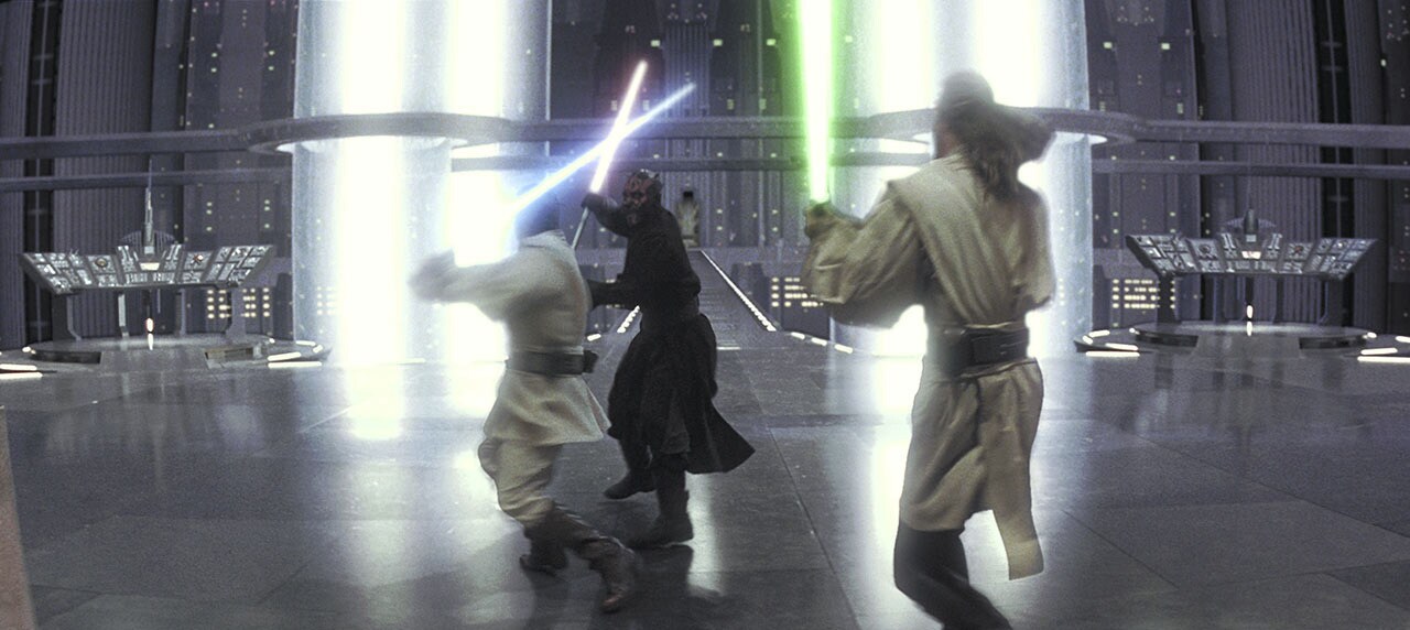Darth Maul duels with Obi-Wan and Qui-Gon