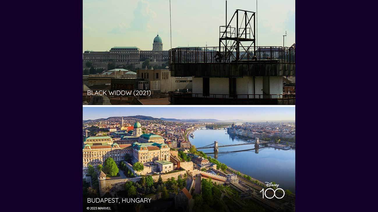 Scene from Black Widow (2021) and image of Budapest, Hungary