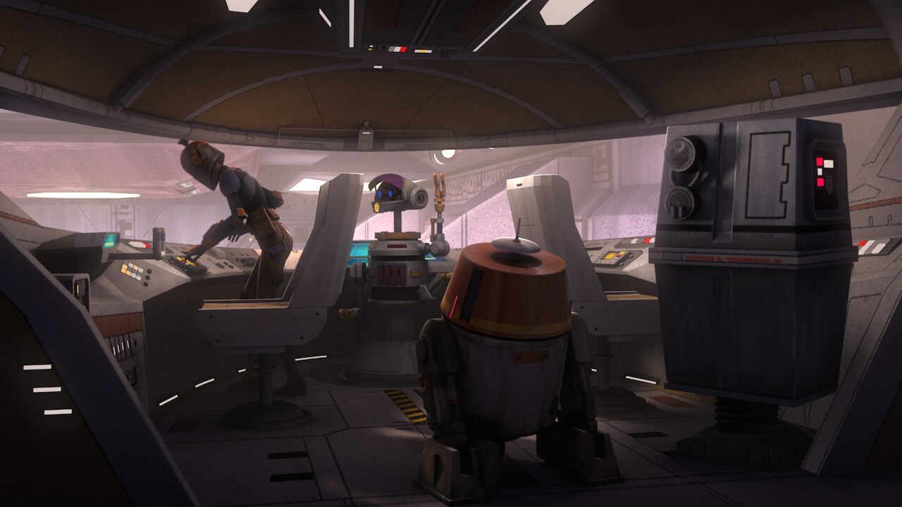 Sabine boards the ship and with Chopper’s assistance they power down the pilot droid leaving Kets...