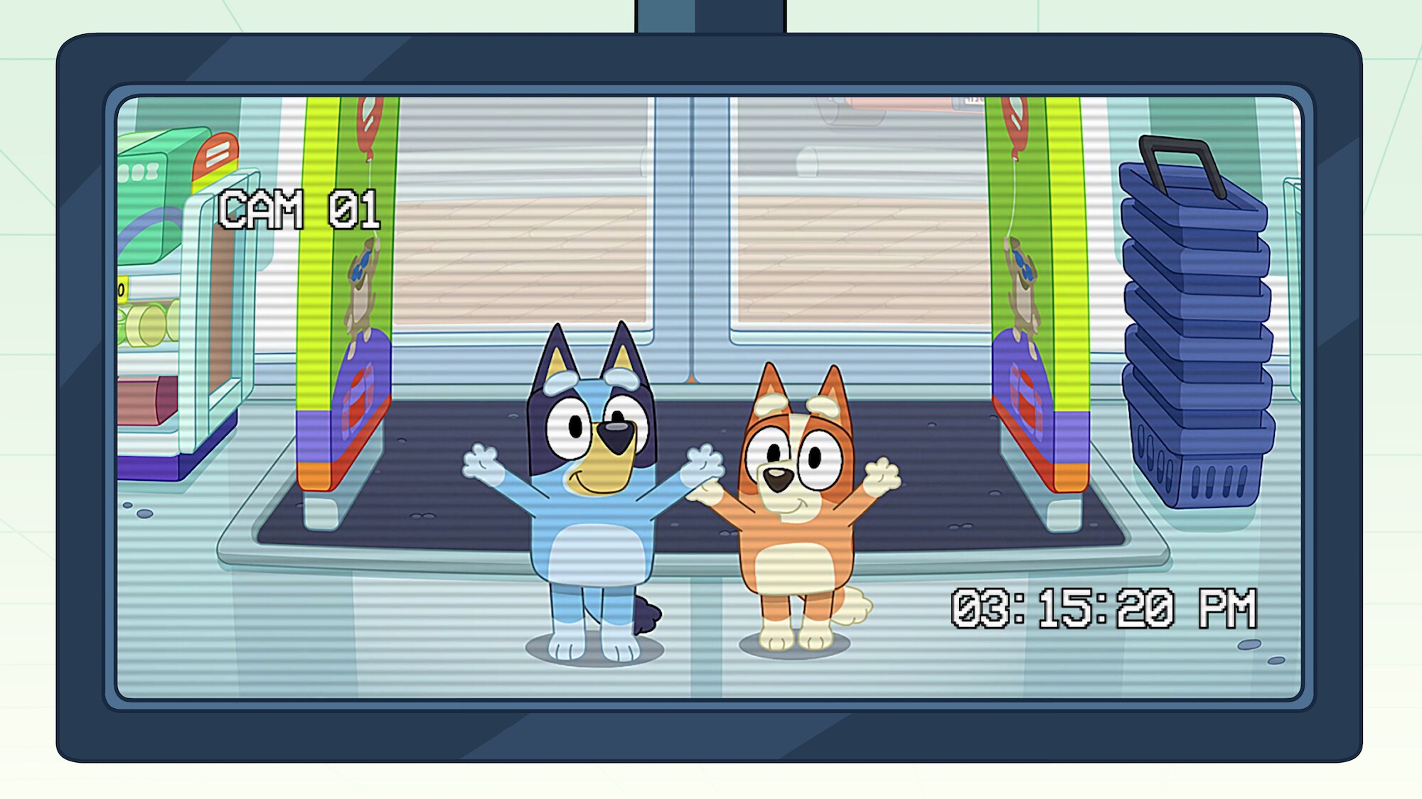 Bluey and Bingo are excited to play games with the chemist tv screens. (Credit: Ludo Studio)